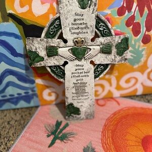 Decorative Claddagh Stone Cross with Green Accents